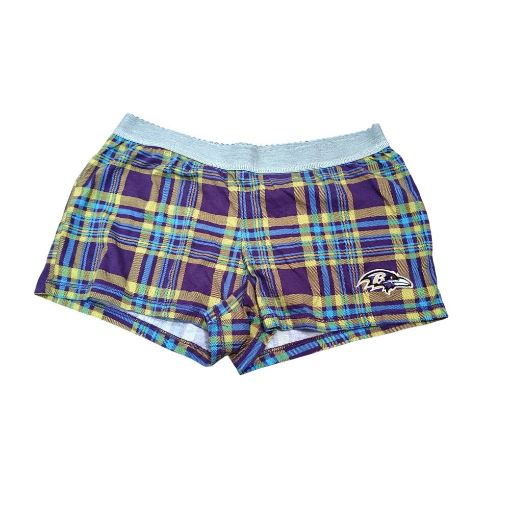 NFL Baltimore Ravens Purple Yellow Blue Plaid Lounge Shorts Womens Small